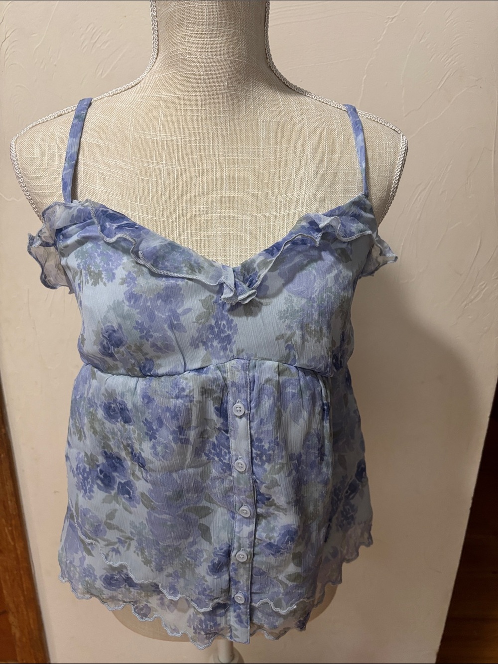 Hollister Blue Floral Ruffle Spaghetti Strap Tank